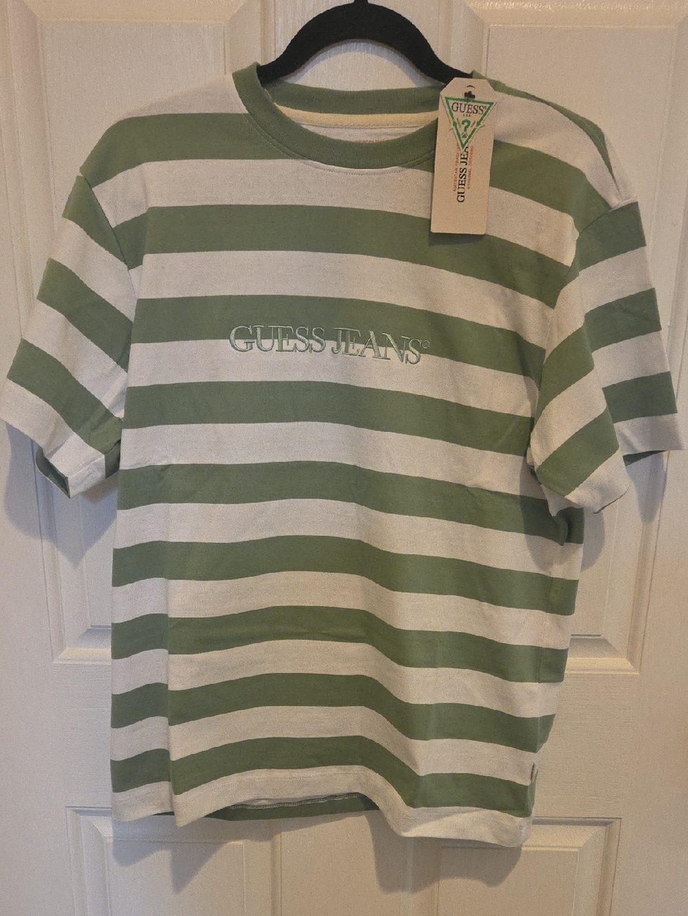 GUESS X Hyunjin Salvia Green and White Striped Tee with Logo Tag-S